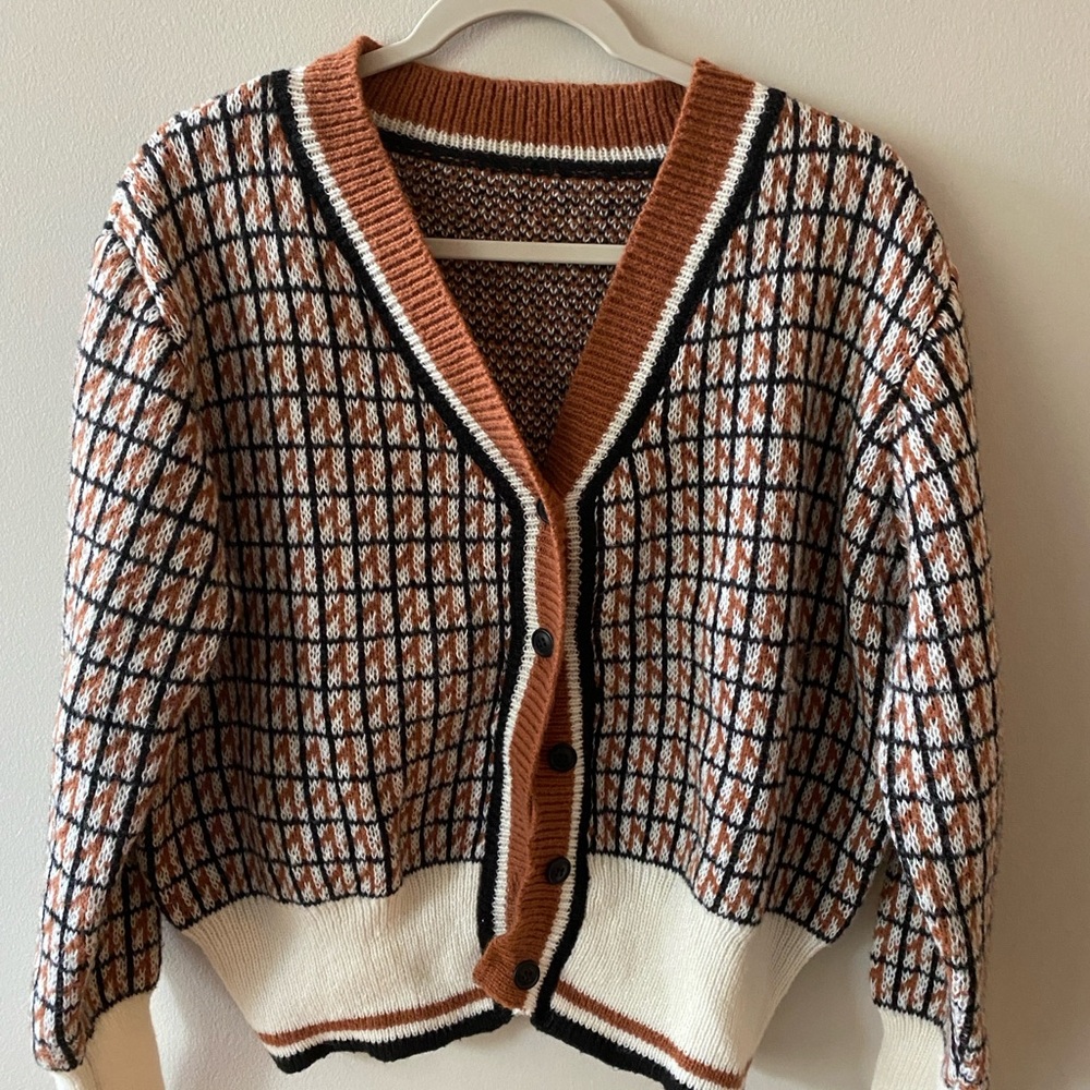 Women's Brown and Cream Checkered Sweater